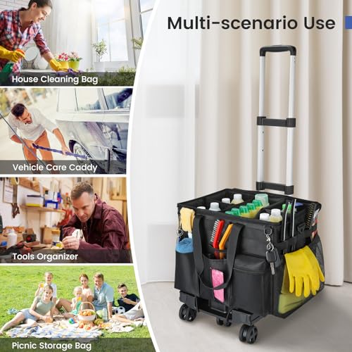 Housolution Extra Large Rolling Cleaning Caddy Bag with Detachable Trolley, Upgraded 360° Free Rotating with 5 Wheels and Dust-Proof Lid, Professional Cleaning Supplies Bag for Housekeepers, Black - color: Black, size: Large