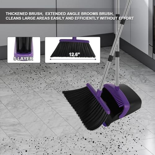 Broom and Dustpan Set, Large Household Dustpans and Broom with 55 Inch Long Handle, Pueple Broom with Dustpan Combo Set for Home - color: Purple, size: Large
