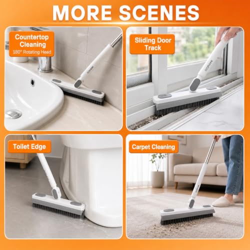 SOPAMI Grout Cleaner Brush with Long Handle, V-Shaped Floor Scrub Brush Swivel Grout Brush Stiff Bristle Floor Grout Scrubber for Bathroom, Tile Line, Crevice, Kitchen, Wall, Deck, Garage