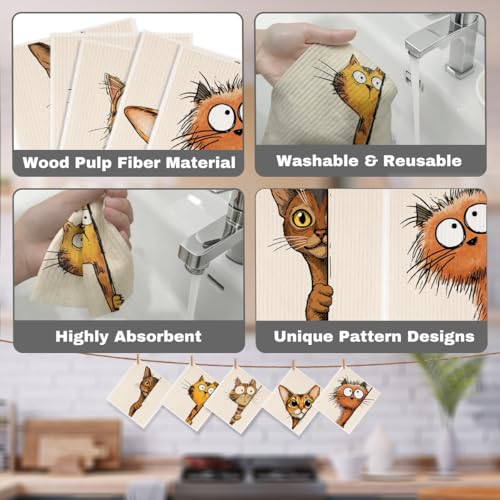 5 Pcs Cartoon Cute Peeking Kitten Swedish Dishcloths, Kitty Swedish Dishcloth, Funny Cat Dish Cloths for Drying Dishes, Reusable Cleaning Cloths, Cat Lover Gifts for Women 8 - color: Lm 03439