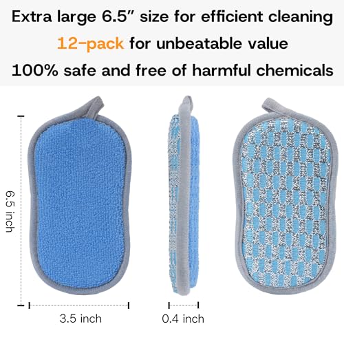 Multi-Purpose Scrub Sponges Kitchen – 12 Pack Dish Sponge, Dual-Sided Non-Scratch Microfiber & Metal Scrubber, Reusable Sponges for Dishes, Pots, Glass, Sink, Stovetop & Bathroom (Blue) - color: Blue