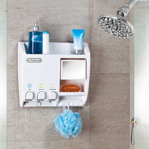 Better Living Ulti-Mate Shower Dispenser 3, Wall Mount Shower Soap Dispenser for Bathroom Hotel Body Wash, Fog-Resistant Shower Mirror, Shelf & Built-in Hooks, No Drill Adhesive, 3 x 14.5 oz, White