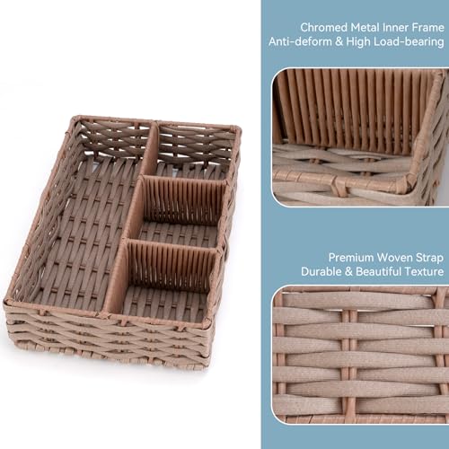 Whitmor 4-Compartment Woven Storage Basket with Dividers, Divided Makeup Organizer and Drawer Split Rattique Bin for Bathroom Countertop, Vanity, Office Desk, 11.8x7.9x2.8 Inches, Light Brown