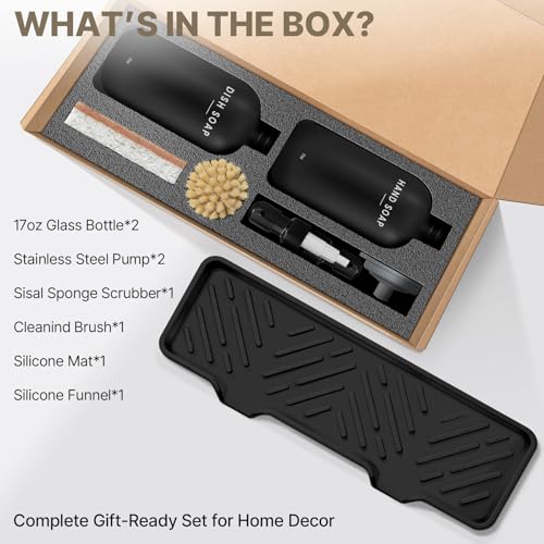 Kitchen Soap Dispenser Set, Kitchen Sink Organizer with Self Draining Silicone Tray, 2 x 17oz Glass Soap Dispensers, Stainless Steel Pumps, Bamboo Brush & Sisal Sponge - Black - color: Black Bottle + Black Pump