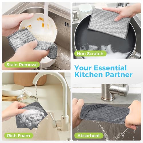 AIDEA Non Scratch Wire Dishcloth 24PK, Upgraded Wire Dishwashing Rag for Kitchen, Dual Sided, Dish Cloths for Washing Dishes, Cleaning Pads Steel Scrubber for Cookware, Sinks, Stove Tops, 7"×8" Grey - color: Grey