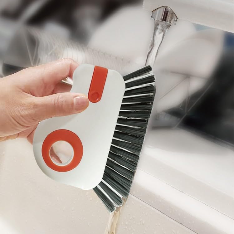 Multifunctional 2 in 1 Groove Cleaning Brush with Scraper & Dustpan - Window Track Cleaner Tool for Glass Door Tracks, Sills, Sliding Doors - Grout Brush for Narrow Gaps, Tiles, Bathroom - Orange