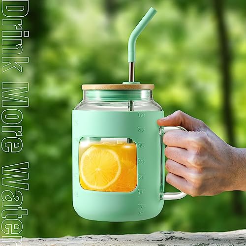 WINSA 50 oz Glass Water Bottles with Silicone Sleeve,Glass Tumbler with Lid and Straw,Iced Coffee Cup with Handle,BPA Free-Green - color: Green