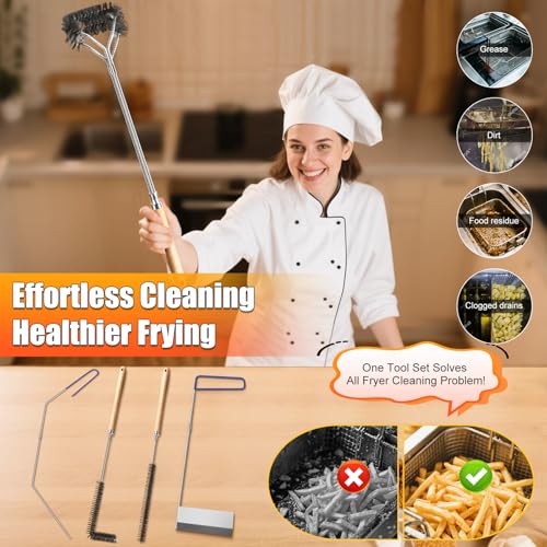 Fryer Cleaning Tool 5 Piece Set, Deep Fryer Basket Brush, Long Handle L-Shaped & Straight Crevice Cleaning Brush, Cleanout Rod Kit and V-Shaped Strainer Scoop for Restaurant, Kitchen Maintenance - style: 5 Pack