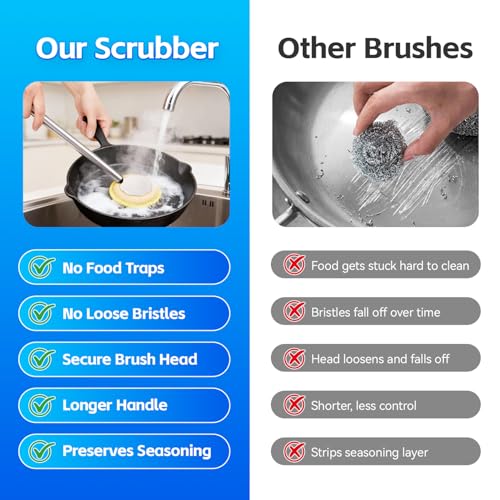 Kitchen Cleaning Brush with Handle, Non-Scratch Preserve Seasoning for Wok, Cast Iron Skillet, Pans, Oven Racks, Air Fryer, Jars - Stainless Steel Handle