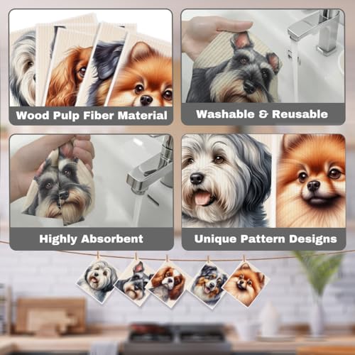 5 Pcs Cute Doggy Swedish Dishcloths, Cavalier King Charles Spaniel & Pomeranian Swedish Dishcloth, Shih Tzu Dish Cloths for Drying Dishes, Reusable Cleaning Cloths, Dog Lover Gifts for Women - color: Lm 03431