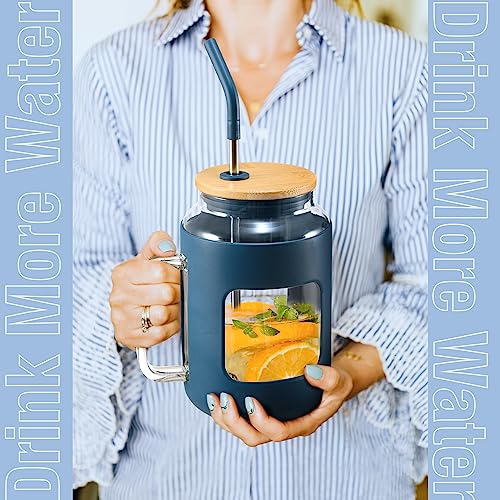 WINSA 50 oz Glass Water Bottles with Silicone Sleeve,Glass Tumbler with Lid and Straw,Iced Coffee Cup with Handle,BPA Free-Blue - color: Blue