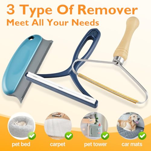 Pet Hair Removal Tool 3 Pack Dog Cat Hair Remover Carpet Scraper Rake Fur Removal Brush Lint Remover Shaver for Car Furniture Couch - color: Blue