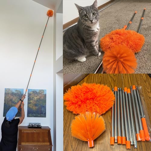20+ Feet High Reach Dusting Kit, Cobweb Duster & Ceiling Fan Duster with 3-14 ft Extension Pole for Cleaning, Microfiber Feather Duster Cleaner for Cleaning Walls Bookshelves Furniture Door Window