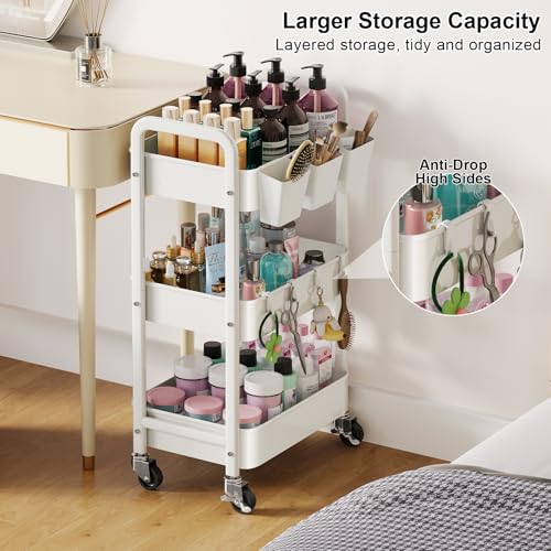 3 Tier Rolling Cart with Wheels, Metal Utility Storage Cart on Wheels, Craft Carts Organizer with Hanging Cups, Hooks, Three Tiered Rolling Carts for Bathroom, Laundry Room, Nursery, Office, White - color: White