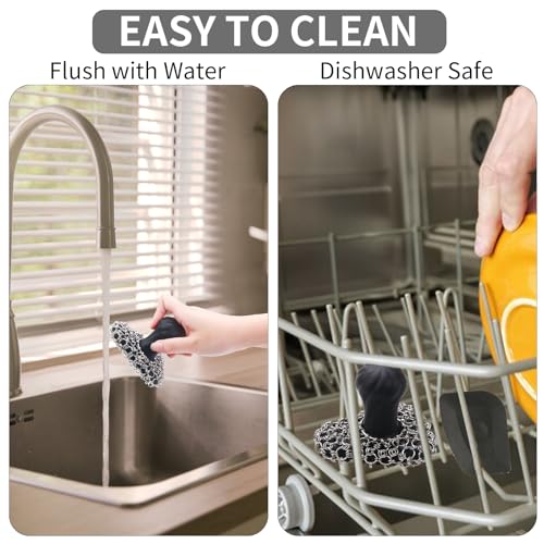 Cast Iron Scrubber with Handle 316 Dish Cast Cleaner Chainmail Scrubber for Pan Skillet Iron Scrub Brush Steel Wool Scrubber Cleaning Kit (1 Scrub + 1 Scraper) - color: Black 02