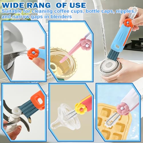3 in 1 Cup Lid Cleaning Brush, 4PCS Multifunctional Crevice Cleaning Brush for Water Bottle Insulated Cup Tumbler Lid Groove Narrow Space Detail Cleaner Home Kitchen Gadgets - color: Red, Blue, White, Orange(flower)