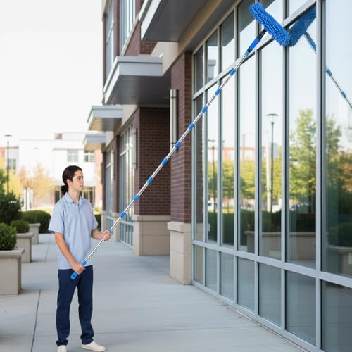 14FT Window Washing Squeegee & Duster with 1-14 ft Spliceable Extension Pole, 2 in 1 Telescopic Window Cleaner Rotatable Window Washing Equipment for High Window, Interior Roof, Car Glass