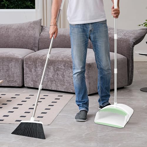 Broom with Dustpan Combo Set for Home, 52-in Long Adjustable Handle Angle Broom and Dustpan Set with Dustpan Comb Teeth for Sweeping Pet Hair Food Dirt Kitchen (White-Green) - color: White-green