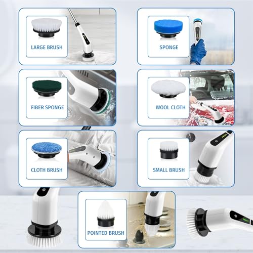Electric Spin Scrubber, Cordless Scrubber with 7 Replaceable Cleaning Brushes and Dual Speed, Shower Cleaning Brush, Power Scrubber with Adjustable & Detachable Handle for Cars Bathroom Kitchen