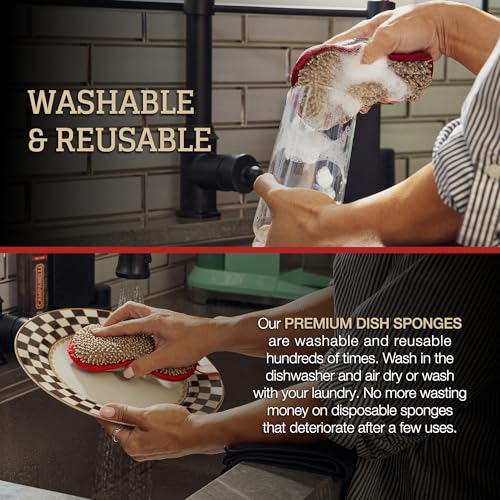 CAMPANELLI Premium Dual-Sided Dish Sponge | Chenille Microfiber & DiamondFiber Scrubber, Washable Reusable Sponges for Dishes Pots & Pans, Ergonomic Grip | 3 Pack - Taupe Gray Red