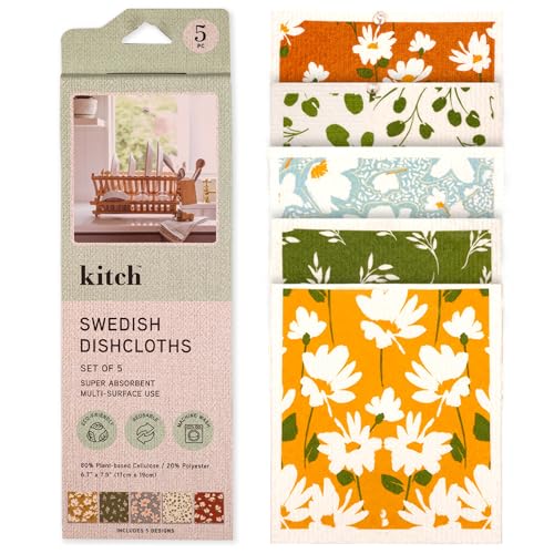 Swedish Dishcloths, Super Absorbent Multi-Surface Cleaning Cloths, Blue Floral Print, 80% Cellulose, 6.7x7.5 Inch, Set of 5 Designs - color: Multicolor