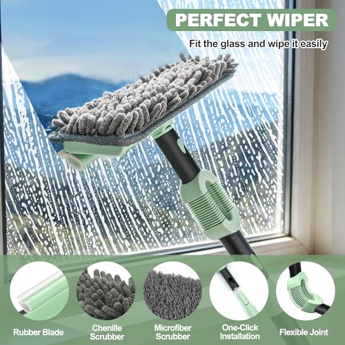 Window Squeegee with Extension Pole, 73.6 Inch Bendable Head Telescoping Long Handle Window Cleaner, 2-in-1 High Window Cleaning Tool Kit for Indoor/Outdoor Window and Car Glass