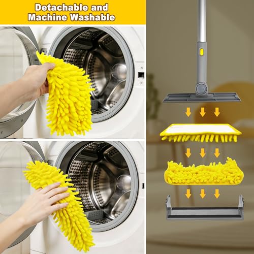 JEHONN 77” Ceiling Fan Cleaner Duster with Extra Bendable Chenille Dust Cleaning Tool, Detachable Washable Mop for Baseboard, Blinds, Walls, Floors & Car Interiors (Yellow)