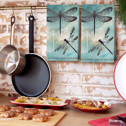 Turquoise Dragonfly Kitchen Towels Set of 3, Ultra Absorbent Dish Towels Quick Drying Microfiber Hand Towel Decorative Country Gradient Black Animals Tea Towel Dishcloths for Kitchen Cleaning 18"x28" - size: 3 Pack