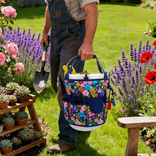 KUNN 18-Pocket Bucket Tool Organizer | Heavy-Duty 5 Gallon Bucket Caddy with Hangable Handle | Gardening Tool Bag & Garden Caddy Accessory for Gardeners, Blue - style: Blue Bloom
