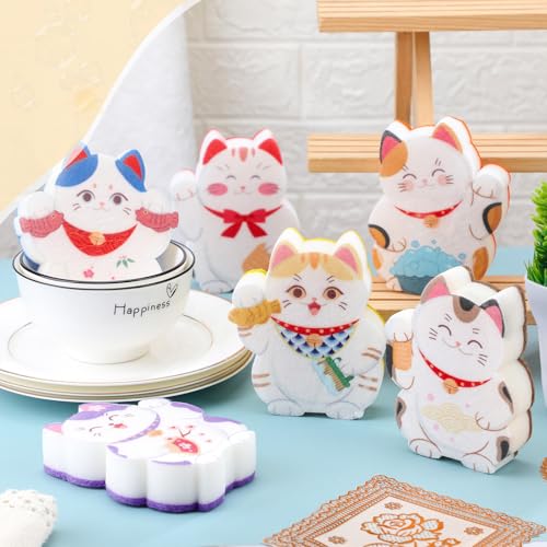 6 Pieces Cat Kitchen Sponges Lucky Cat Design Sponges Fun Non-Scratch Scrub for Washing Dishes Pots Pans and Household Cleaning Supplies for Kitchen Dishes Furniture Gifts - color: Cat