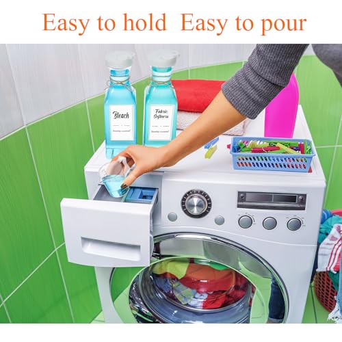Hushee 4 Pcs Laundry Detergent Dispenser Bottle 51oz with Measure Cup Labels for Laundry Detergent Soap Fabric Softener Bleach Scent Booster Beads Bottle for Laundry Room Decor
