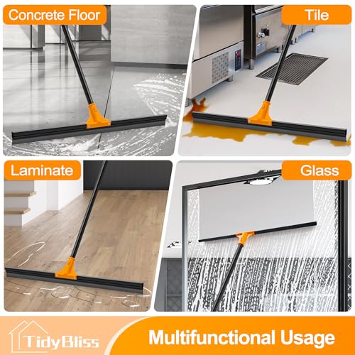 TidyBliss 30” Large Floor Squeegee Broom, Heavy Duty Rubber Foam Water Scraper, Epoxy Wiper Mop with 58.3 inches Long Handle for Cleaning Concrete Pool Rug Garage Deck Shower Window Outdoor (Orange)