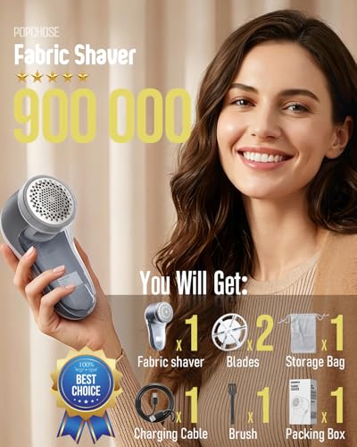 POPCHOSE Fabric Shaver, Lint Shaver for Clothing, Electric Lint Remover with 6-Leaf Blades, Sweater Defuzzer, Clothes Shaver for Couch, Furniture, Blanket, Remove Pilling, USB Rechargeable - color: Grayish White
