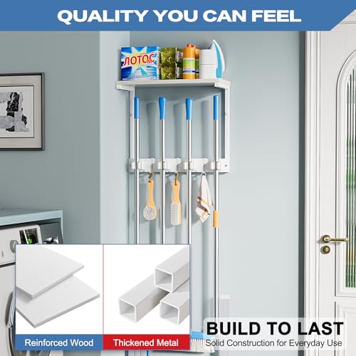 Olakee Broom Holder Wall Mount with Cleaning Supplies Organizer, Laundry Room Organization and Storage Shelves, Mop Hanger Rack with Hooks, Utility Shelf Closet Organizer for Garage Home Improvement - size: Small