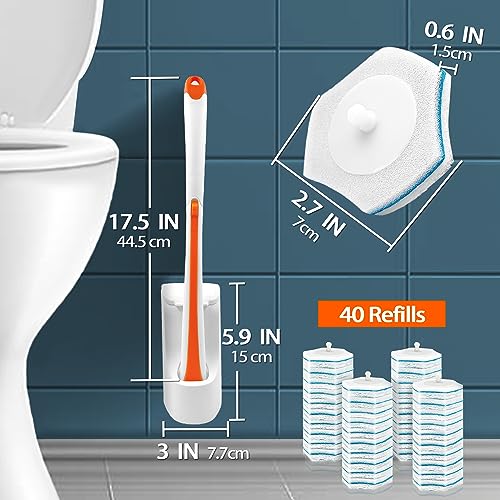 JEHONN Disposable Toilet Bowl Cleaner Wand with 40 Cleaner Refills, Wall Mounted Long Handle Compact Bathroom Scrub Brush Holder Set for Sink Bathtub Wash Basin Mop Pool (Orange) - color: Orange