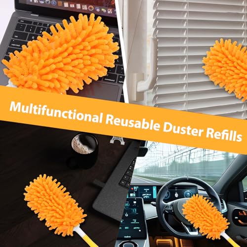 11-Pack Reusable Duster Kit – Heavy Duty Chenille Refills with Handle, 360° Microfiber Dusting for Home & Office (Orange)