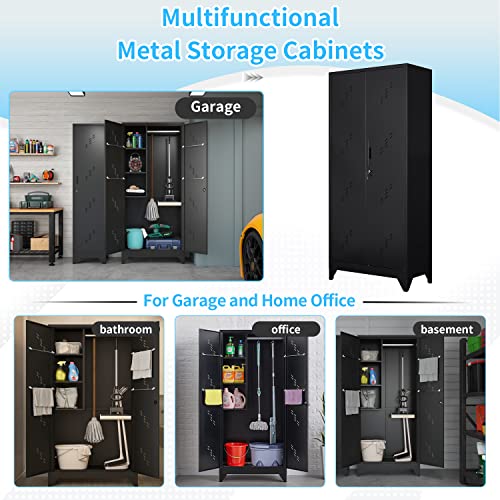 VASAAOSD 75" Metal Storage Cabinet with Lock, Tool Cabinets with Hooks, Heavy-Duty Garage Storage Cabinet for Utility Room, Gym, Basement, Broom Closet, Black - color: 75"h Dark Black