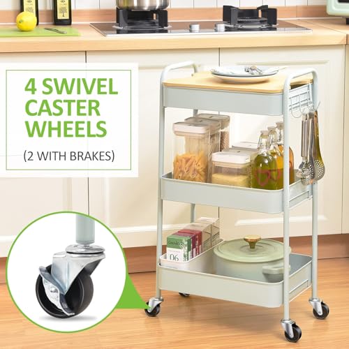 TOOLF 3-Tier Rolling Cart with Table Top, Metal Storage Cart on Wheels, Utility Organizer with Wooden Tray, Lockable Casters, Easy Assembly for Bathroom, Bedroom, Baby Room, Kitchen, Green - color: Green