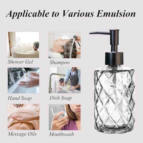12Oz Small Glass Soap Dispenser with Black Plastic Pump, Clear Refillable Kitchen Countertop Liquid Hand Soap Dispensers with Diamond Design, Crystal Bathroom Lotion Bottle for Dispense Dish Soap - color: Clear Diamond