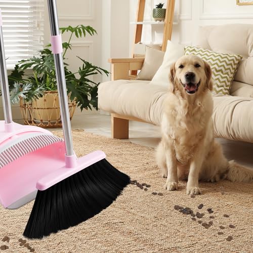Pink Broom and Dustpan Set for Home, 52-in Long Handle Broom with Dustpan Combo with Dustpan Teeth Easy to Scrape Off Pet Hair, Indoor&Outdoor Sweeping(Pink) - color: Pink&grey