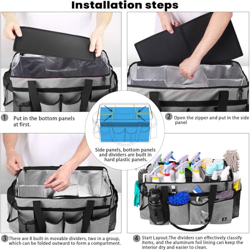 Extra large Cleaning Caddy Bag Built-in Sturdy Support Board, Cleaning Organizer with Detachable Divider, Cleaning Supply Tote with Adjustable Shoulder Strap (Grey, 19'' x 11'' x 11'') - color: Grey