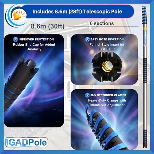 IGADPole 28 FT Water-Fed Washing Kit with Soap-Dispenser, Brush, 10″ Squeegee & Cobweb Duster for Windows, Gutters, Solar Panels & Exterior Walls - size: 28 FT Pole