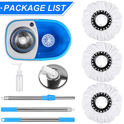 Spin Mop & Bucket, 360 Spinning Mop Bucket Kit, Stainless Steel Bucket Wringer Set, Plus 3 Replacement Head Refills, 360 Spinning Mopping System, 61" Extended Handle for Floor Cleaning (Blue) - color: Blue-2