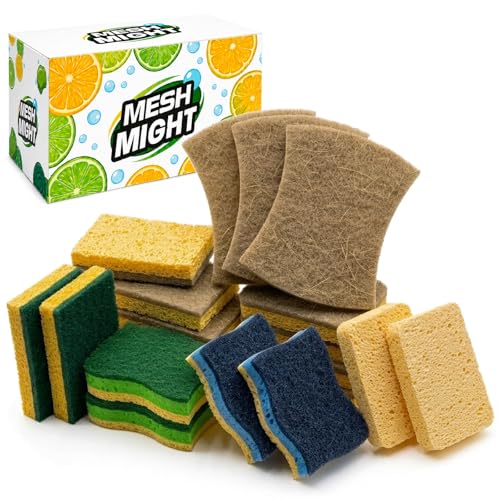 Kitchen Sponges, 20 Count, Plant-Based Cellulose + PET Scrub Sponge Set, Scratch & Non- Scratch Dish Sponges, Assorted Cleaning Sponges