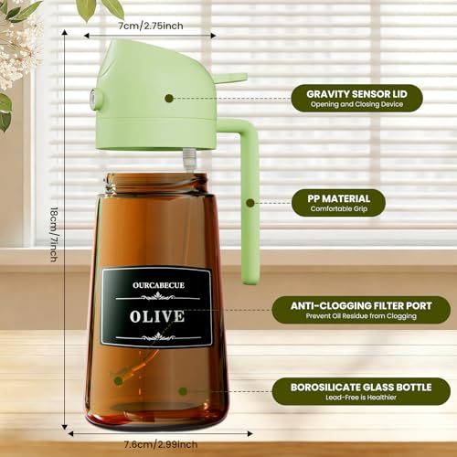 OURCABECUE 2 in 1 Olive Oil Sprayer for Cooking, 16oz Olive Oil Dispenser Bottle for Kitchen, Light-Blocking Dark Glass Oil Bottle, Food-Grade Oil Mister with 8 Oil Stickers (Brown Bottle-Green Cap) - color: Dark Brown and green