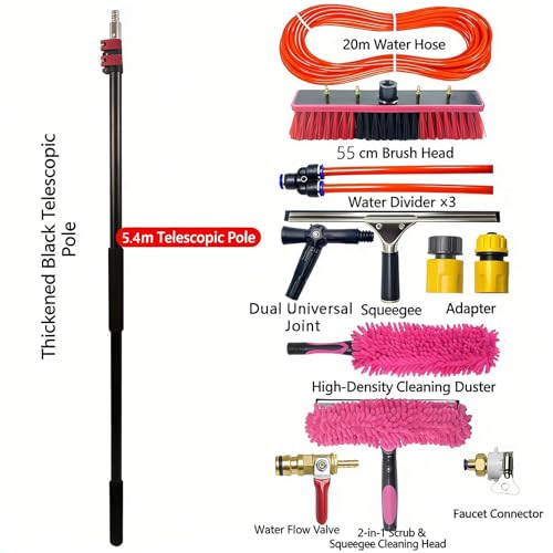AHWEKR 18ft Water Fed Pole Kit, Rotatable Solar Panel Cleaning Brush & Squeegee, 2 Dusting Brushes, Extendable Black Lightweight Pole for Roof Window,55cm Brush Head - color: 55cm Brush Head, size: 18ft(5.4m)