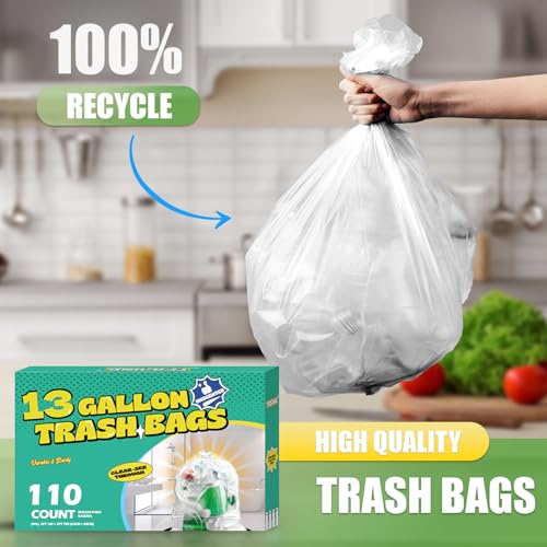 13 Gallon Tall Kitchen Trash Bags Unscented,1.1 Mil,Clear,110 Ct | Leakproof,Heavy Duty,Strong Garbage Can Liners,White,Fit 38 - 50 Liter Waste Bins,for Home Office Household Use - color: Clear-13 Gal-110