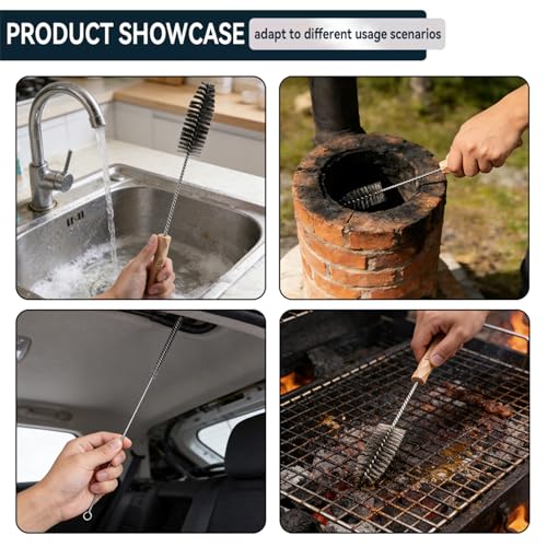 4pcs Household Pipe Cleaning Brush Set with Stainless Steel Bristles, 17 in Extra Long Stainless Steel Handle, Kitchen Scrub Cleaning Brushes, Lab Brushes for Auto Parts, Machinery, Water Pumps, Etc.