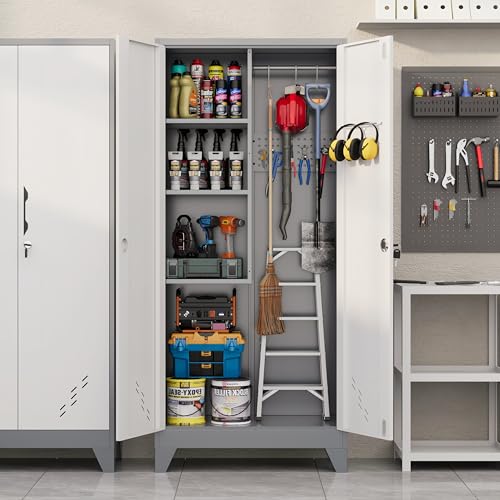 Broom Closet Storage Cabinet, Metal Garage Storage Cabinet with 2 Doors & Pegboard, 61" Utility Cabinet with Hanging Rod, Tool Cabinet for Garage, Laundry Room, Home Office, White-Gray - size: 61" Garage Cabinets