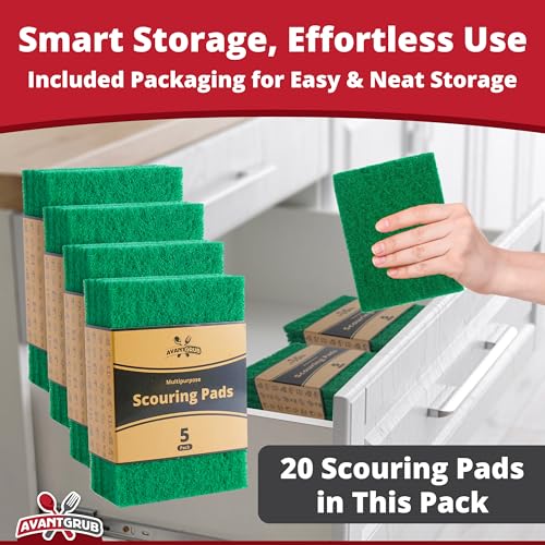 Green Sustainable 20 Pack Cleaning Scour Pads by Avant Grub. Powerful Stain Remover for Cookware. Easily Remove Grease and Residues. Eco-Friendly Solution for Kitchen Cleaning. - size: 20 Pack